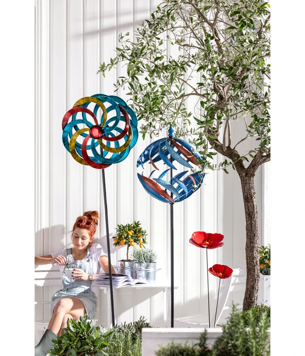 Dehner Metall-Riesen-Windrad Globe, Ca. H186 Cm, Blau-rot 2 Dehner Metall-Riesen-Windrad Globe, Ca. H186 Cm, Blau-rot – Bild 2